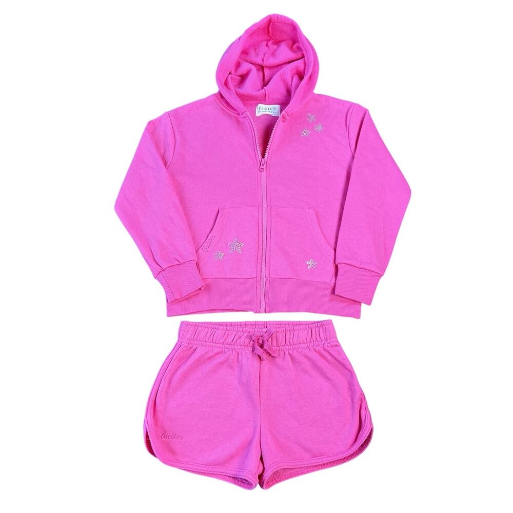 Butter Super Soft bedazzled Hoodie Zip-up & Short Shorts Set Hot Pink Small 7-8